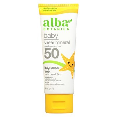 Alba Botanica Sunscreen Lotion Baby Sheer Mineral Fragrance Free Broad Spectrum Spf 50 1/3 OZ [UNFI-CARLISLE #2926632]