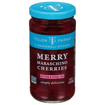 Tillen Farms Cherries Merry Maraschino Pitted & Stem-On 6/13.5 OZ [UNFI #2562528] [ebt]