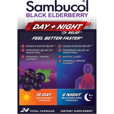 Pharmacare Us Inc. Day + Night Relief Capsules Black Elderberry 1/24 CT [UNFI-CARLISLE #3119120]