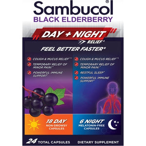 Pharmacare Us Inc. Day + Night Relief Capsules Black Elderberry 1/24 CT [UNFI-CARLISLE #3119120]