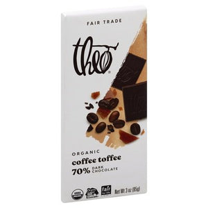 Theo Chocolate Coffee Toffee Organic 70% Dark Chocolate 12/3 OZ [UNFI #2451235] [ebt]