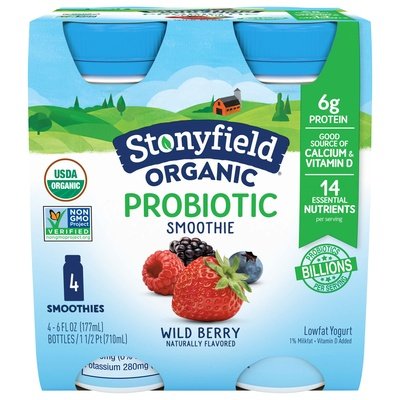 Stonyfield Organic Probiotic Smoothie Lowfat Yogurt Wild Berry 6/4/6 OZ [UNFI #569772] [ebt]