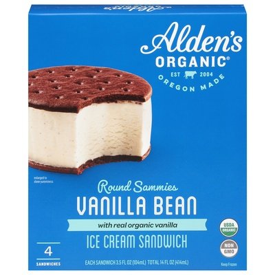 Aldens Organic Ice Cream Sandwich Vanilla Bean Round Sammies 12/14 OZ [UNFI #1834829] [ebt]