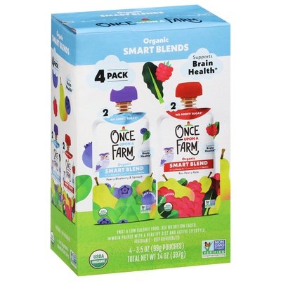 Once Upon A Farm Smart Blends Organic Pear-Y Blueberry & Spinach/Ras-Pear-Y Kale 4 Pack 6/4/3.2 OZ [UNFI #3003209] [ebt]