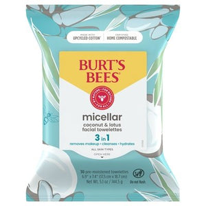 Burts Bees Facial Towelettes Micellar Coconut & Lotus 3 In 1 3/30 CT [UNFI-CARLISLE #2421824]